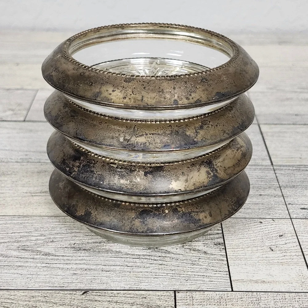 VTG. Frank M. Whiting Sterling Silver & Glass Coasters Set of 4 Mid Century